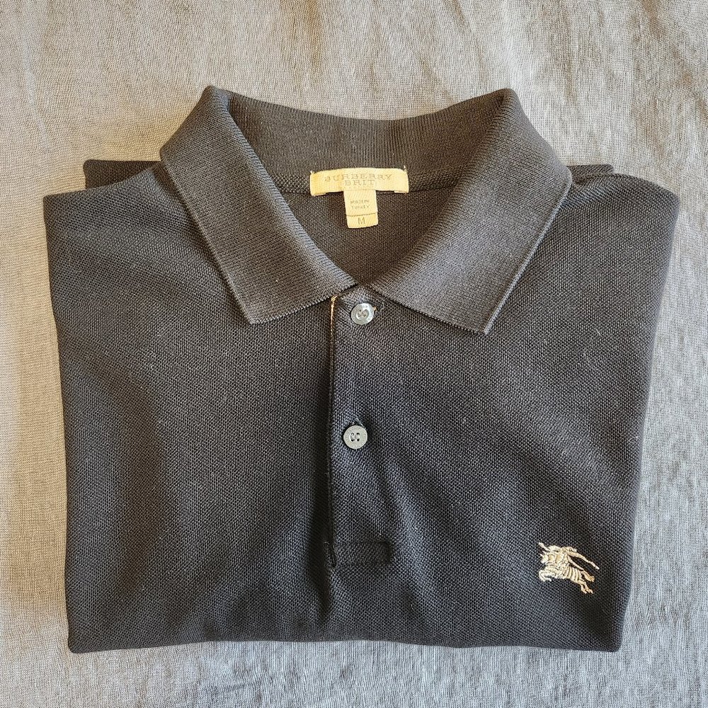 Men's Burberry Brit Short Sleeve Polo with Nova Check Collar / BLACK / MEDIUM